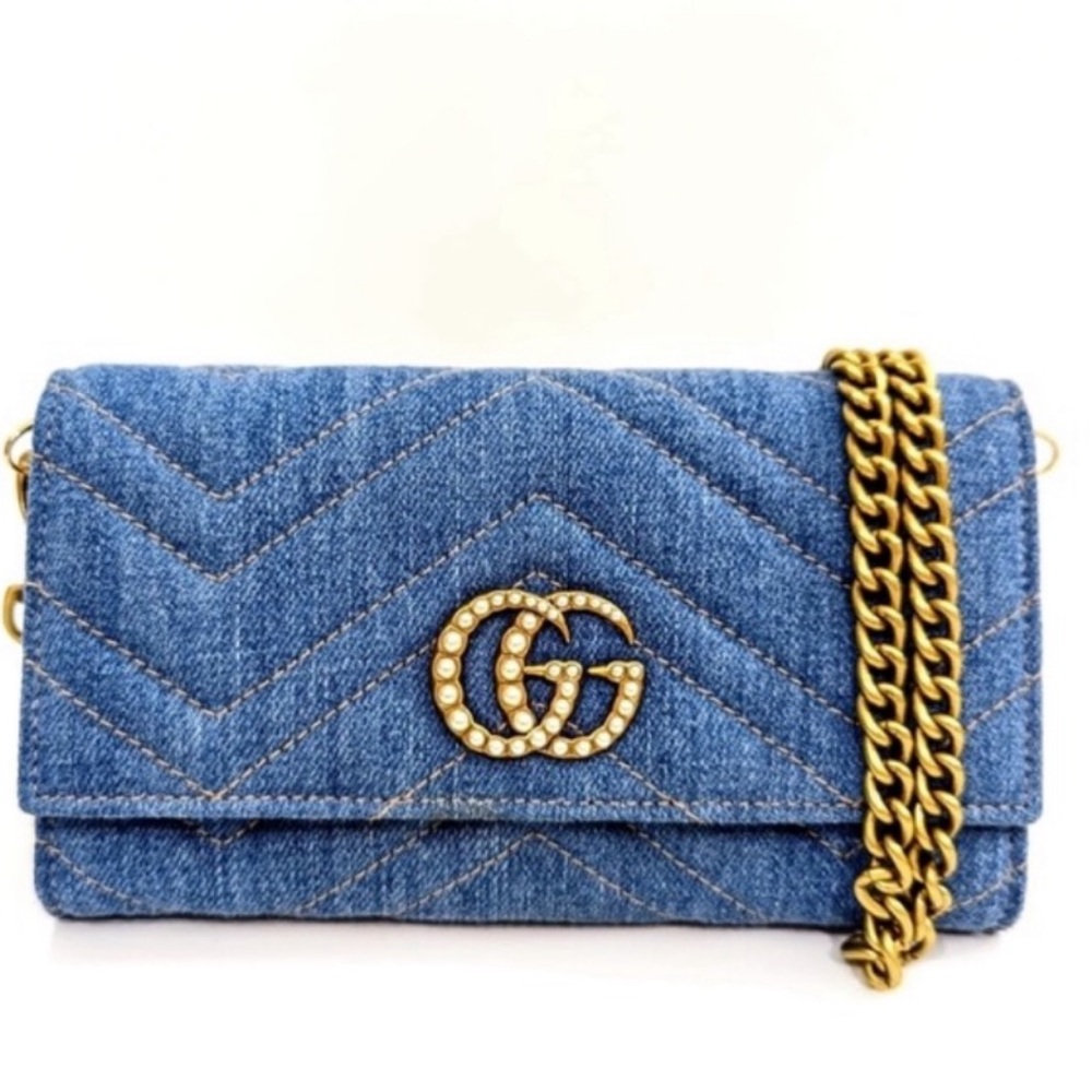 ✨💎Rare Aunthenic Limited Edition Gucci Marmont Denim Pearl GG Logo Long Wallet